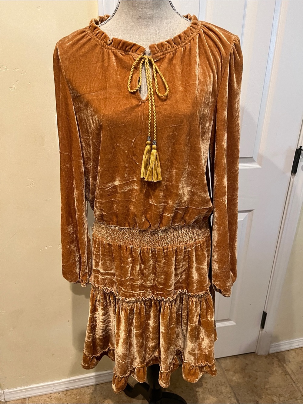 Listicle Velour Tassel Tie Long-Sleeve Dress in Rich Gold